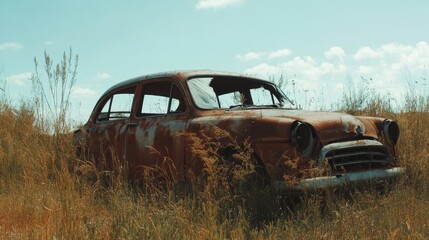 Fototapeta premium A rustic vintage car sits abandoned in an overgrown field, showcasing its rusty exterior. The scene captures a blend of nature reclaiming a forgotten relic under a bright sky.