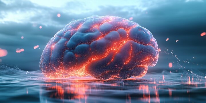 High-tech glowing brain network, advanced AI-generated neural pathways, futuristic cyber world and deep learning illustration in digital blue and orange hues - Powered by Adobe