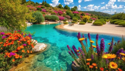 Obraz premium Serene landscape at vibrant floral oasis lush garden nature photography tranquil environment colorful view peaceful concept
