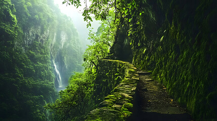 Enchanting Mossy Path Leading to a Hidden Waterfall in a Lush Green Valley