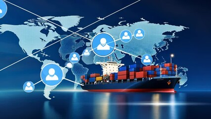 Container vessel sailing through glowing port, representing international shipping and modern maritime commerce video 4k