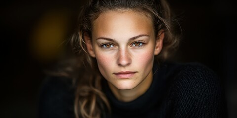 Fototapeta premium A young woman looks directly at the viewer with an expression that is both calm and introspective. The soft lighting highlights her facial features, creating a captivating atmosphere