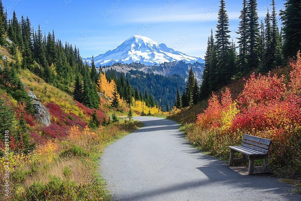 Poster Stunning view of a winding path through vibrant autumn foliage with Mount Rainier in the background : Generative AI
