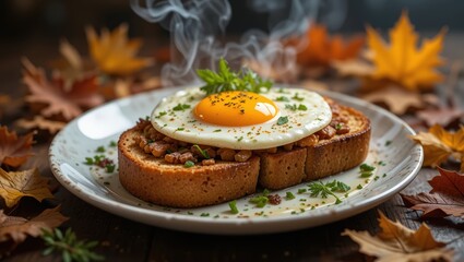 Deliciously Cooked Fried Egg on Toast Surrounded by Autumn Leaves and Steam in a Cozy Setting