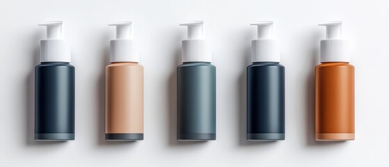 Obraz premium Five airless chemical exfoliant pumps in softtouch matte designs, varying subtle tones, photorealistic, isolated on white background