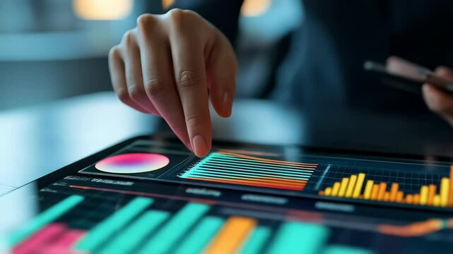 A financial analyst uses a digital tablet to interact with a virtual screen displaying business growth graphs, asset management data, and business targets, highlighting modern finance, investment stra