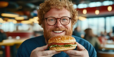 A happy man with curly ginger hair and glasses holds a freshly made burger in a bustling restaurant. The atmosphere is warm, and other patrons are enjoying meals