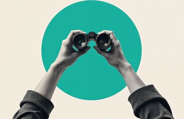 Collage of hand holding binoculars with cyan circle on white background. Business vision, strategy, market research, investment opportunity, searching. Concept of analysis, planning, discovery,