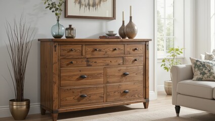 Elegant Rustic Wooden Cabinet Furniture Design in a Cozy Living Room with Natural Light