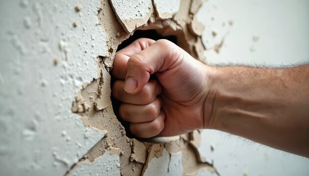 Close-up of male fist punching through white plaster wall. Hand with detailed skin texture creates hole, shows power, impact. Expression of aggressive force, intensity, dramatic kinetic human