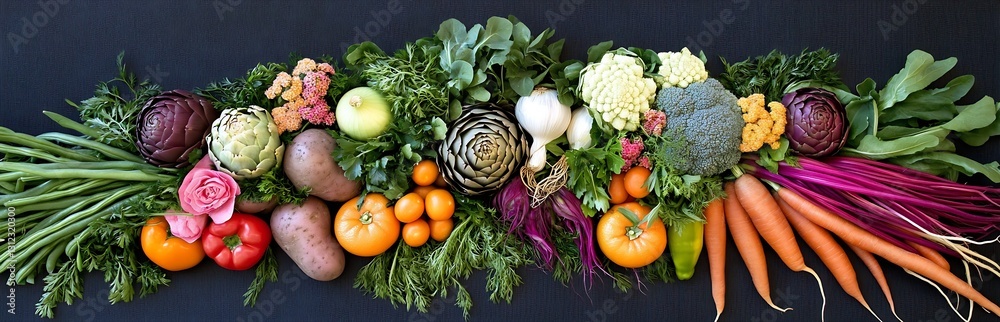 Poster fresh assortment of colorful vegetables and produce arranged on a dark surface : generative ai