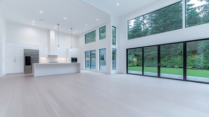 Obraz premium Modern Minimalist Kitchen with Expansive Windows and Backyard View