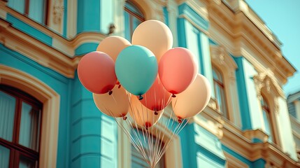 Colorful balloons in front of a historic building