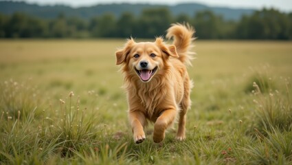 Naklejka premium Happy Golden Dog Running Joyfully Through Lush Green Field Under Clear Sky