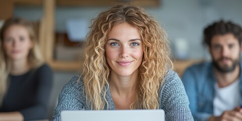 A young woman with curly hair smiles warmly at the camera while sitting at a laptop in a bright, modern workspace. Classmates are visible in the background, focused on their tasks