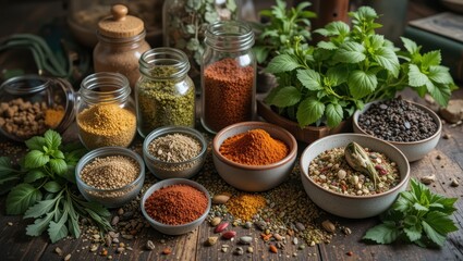 Fototapeta premium Assorted Dried Spices and Fresh Herbs Displayed in Jars and Bowls on Rustic Wooden Table