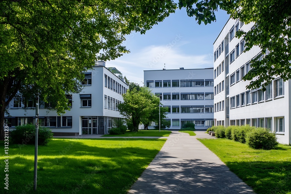 Poster serene view of modern architecture surrounded by lush greenery and vibrant landscapes : generative a