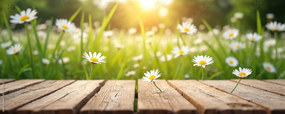 Aufkleber Empty rustic wooden table against blurred field with chamomile flowers background. Perfect template for product display. Tabletop plank design with natural light, bokeh elements. Eco friendly country