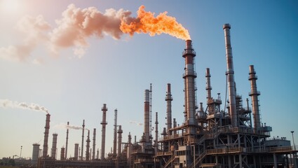 Obraz premium Industrial Oil Refinery with Emission Flare and Clear Blue Sky During Sunset