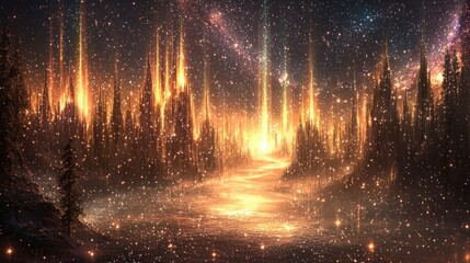 Fototapeta premium Golden forest river night sky fantasy