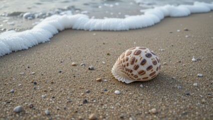 Close-Up of a Beautiful Seashell on a Sandy Beach with Gentle Ocean Waves in the Background