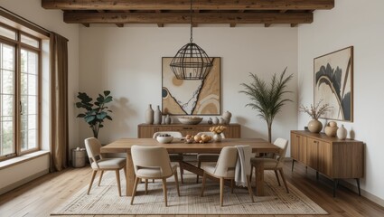 Fototapeta premium Stylish Dining Room Interior Featuring Wooden Furniture and Earthy Decor with Modern Artwork