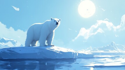 A majestic white polar bear stands regally atop a shimmering iceberg against a serene light blue backdrop, gazing off to the right, embodying Arctic elegance and solitude