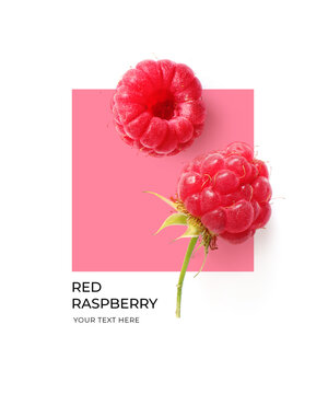 Creative layout made of raspberry on the pink and white background. Flat lay. Food concept. Raspberry on white background.