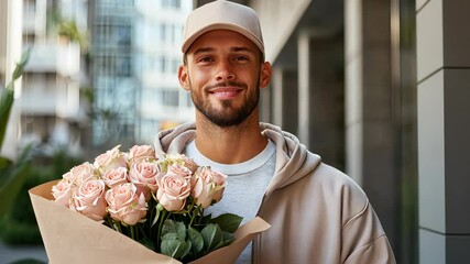 European man Delivery courier person grinning, carrying pink rose bouquet, dressed in uniform near residential home video 4k