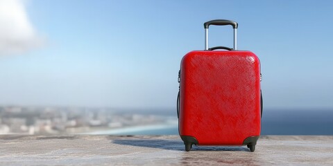 A bright red suitcase stands prominently on a stone ledge with a stunning ocean view in the background. The scene evokes feelings of travel and exploration under a clear sky