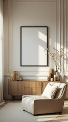 beige armchair and wooden cabinet in a sunlit minimalist living room