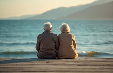 Elderly couple sits on wooden pier looking at calm sea with mountain background. Senior man, woman relax together enjoy vacation. Old family on holidays, back view, autumn time.