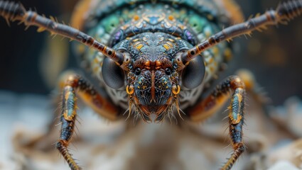 Fototapeta premium Close-Up Of A Colorful Insect With Intricate Patterns And Textures Against A Natural Background