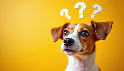Curious Jack Russell terrier dog with question marks floating above head on yellow background. Canine pet shows thinking, doubt, pondering expression. Puppy portrait conveys mystery. Wondering animal.