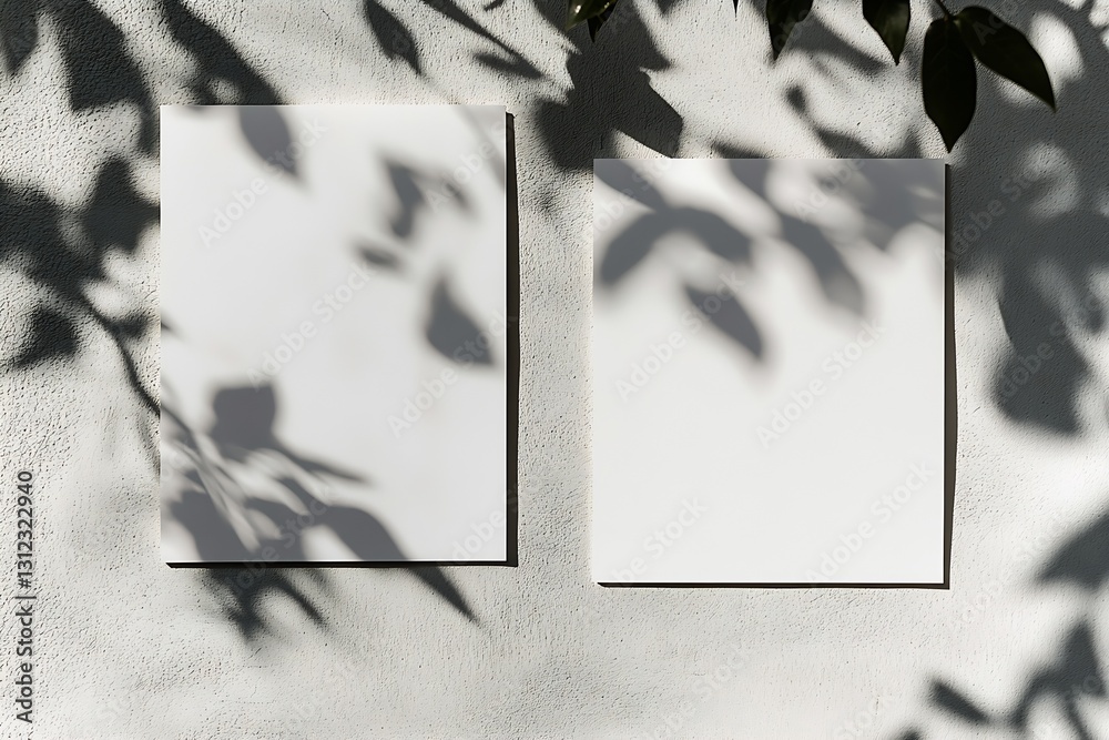 Aufkleber Minimalist composition of empty white posters with shadows on textured wall and leafy background : Generative AI
