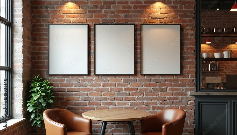 Poster three empty frames poster mockups on brick wall above round table and chairs in cafe in modern loft 