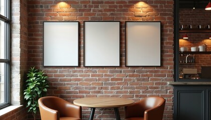 Three empty frames poster mockups on brick wall above round table and chairs in cafe in modern loft style design. Blank canvas template for advertising, art, presentation.