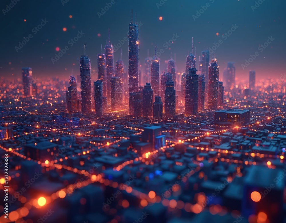 Poster Futuristic cityscape with neon network of lights, communication lines. Lowpoly AI render of distant modern skyscrapers in blue, orange colors. Net represents cyberspace, technology, science fiction.