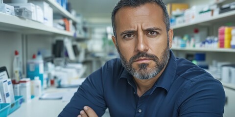 Obraz premium A male pharmacist with a beard displays a serious expression while seated at a workstation. The background features shelves filled with medical supplies and products, indicating a busy pharmacy