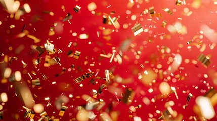 Illustrate a vibrant red backdrop with swirling golden confetti, featuring stars and curls
