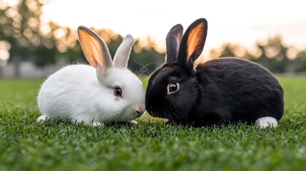 Obraz premium Two Rabbits, One Black One White, Sitting Side by Side on Green Grass Outdoors