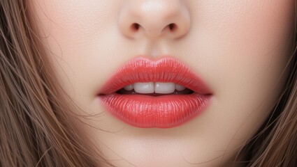 Fototapeta premium Closeup of Glossy Lips with Subtle Sparkles Against a Smooth Skin Background