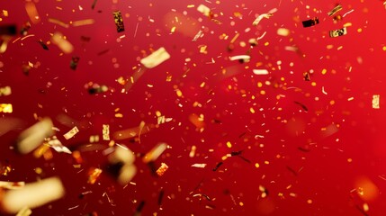 Illustrate a vibrant red backdrop with swirling golden confetti, featuring stars and curls