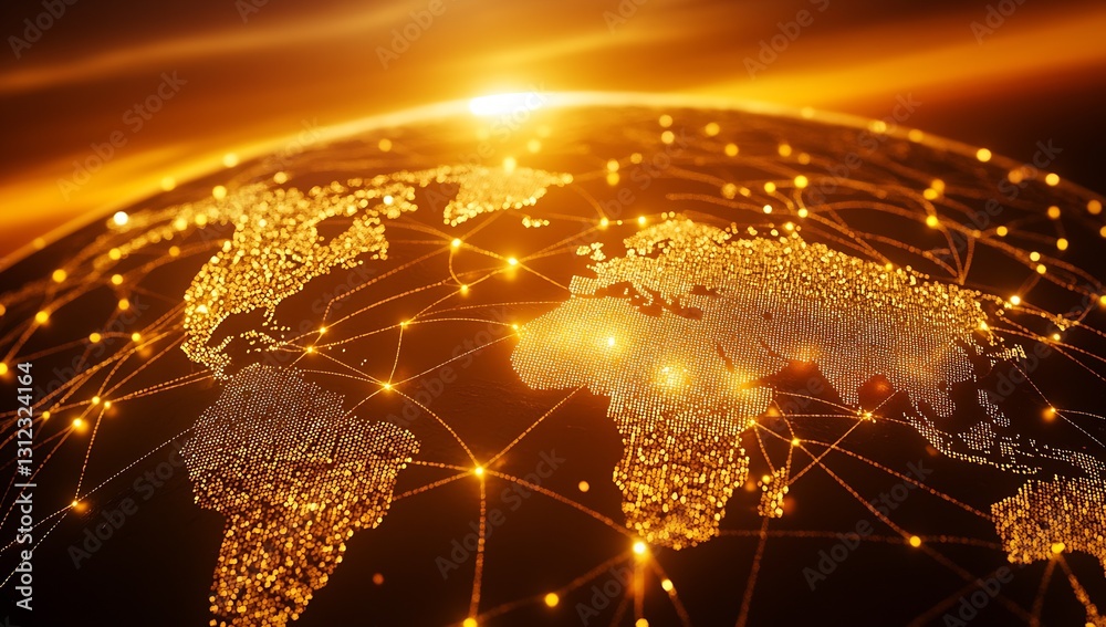 Fototapete global connectivity visualized with golden network lights and earth showing data and technology : ge