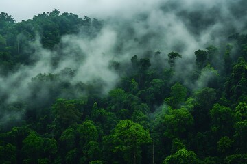 Lush Green Forest with Thick Canopy and Mysterious Mist Creating an Enigmatic Scene : Generative AI