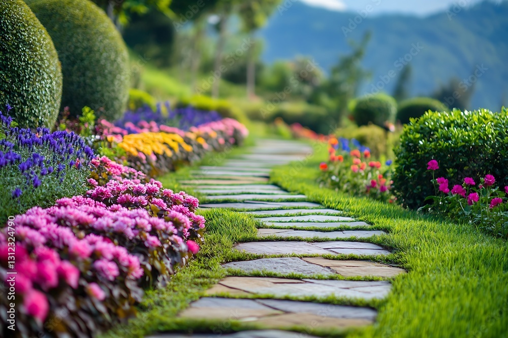 Poster elegant stone pathway weaving through a lush flower garden with a distant mountain backdrop : genera