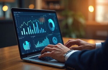 Businessman analyzes data, sales performance on laptop. Strategic decision making, manage operations, increase sales, grow business. Person works with diagram, graph, chart for investment and finance.