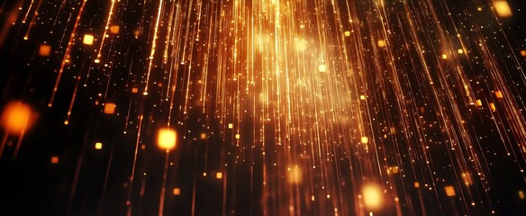 Naklejka premium Stunning golden light streaks and particles falling amidst a dark background for a glamorous effect : Generative AI