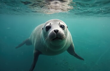 Obraz premium Fur seal swims underwater ocean. Wild animal marine mammal underwater close-up. Cute young pinniped aquatic creature with whiskers in blue water. Sea lion swimming adventure.