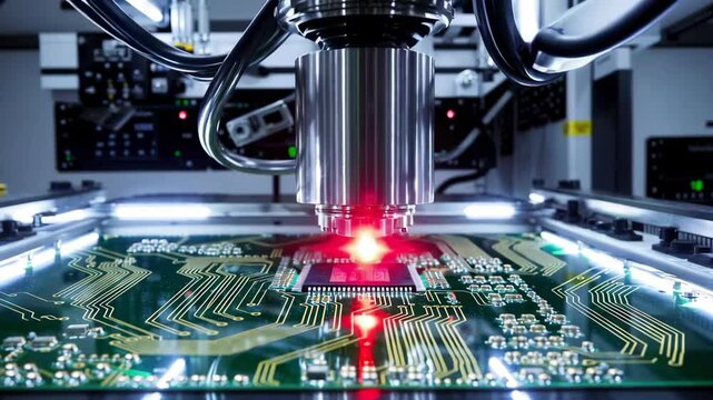 A robotic arm precisely assembles a microchip on a green circuit board. Automatic equipment diagnose and test chips and processors. Manufacture of electronic chips. High-tech, close-up